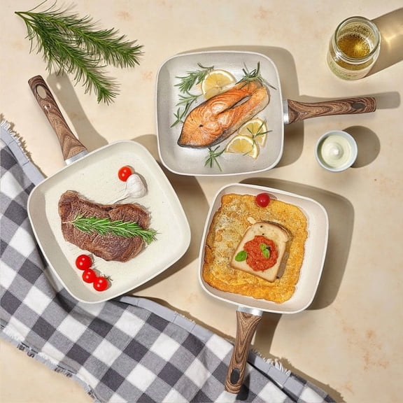 Nextay 3-Piece Nonstick Frying Pan Set, Detachable Wooden Handles, Induction & Oven Safe Cookware, Beige