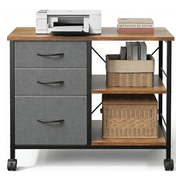 Nextay 3-Tier Mobile File Cabinet Wide Filing Cabinet Desk Table Cabinet Storage Furniture with Drawers and Back Support Bar for Home Office, Rustic Brown