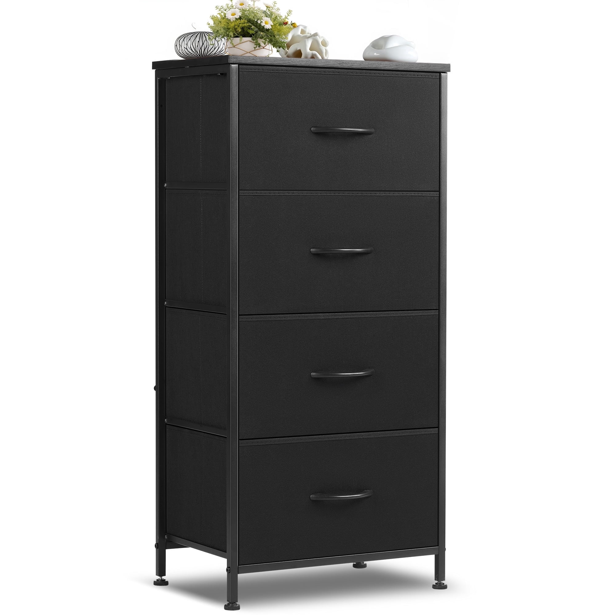 Nextay 4-Drawer Fabric Storage Dresser, End Table with Steel Frame & Wooden Top, Organizer Unit for Living Room, Entryway, Black