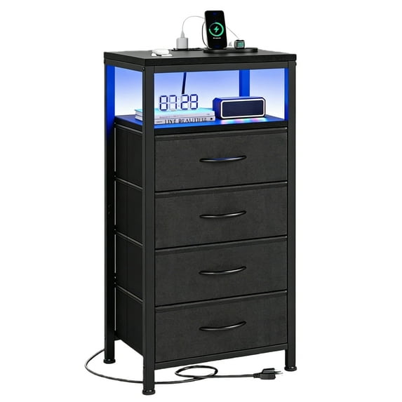 Nextay 4 Fabric Drawers Nightstand with Charging Station, LED Light Strip Bedside End Table with USB/Type-C Ports and Outlets for Bedroom, Black
