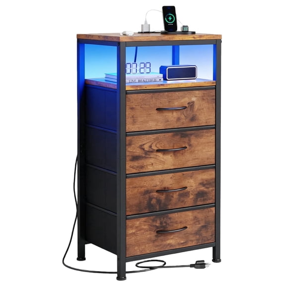Nextay 4 Fabric Drawers Nightstand with Charging Station, LED Light Strip Bedside End Table with USB/Type-C Ports and Outlets for Bedroom, Rustic Brown