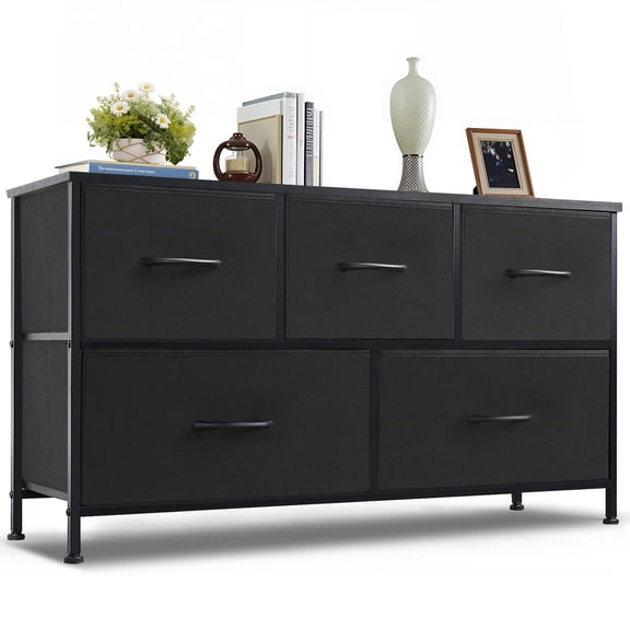 Nextay 5-Drawer Fabric Dresser TV Stand for 45" TV, Storage Dresser Closet with Steel Frame & Wooden Top for Living Room, Dressing Room, Entryway, Black
