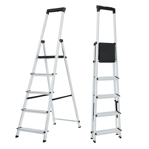 Nextay 5 Step A-Frame Aluminum Step Ladder,Foldable Portable Household Ladder with Wide Anti-Slip Pedals & Handrail, 330 LBS Heavy Duty Lightweight Ladder for Kitchen Garage Indoor Outdoor, Silver