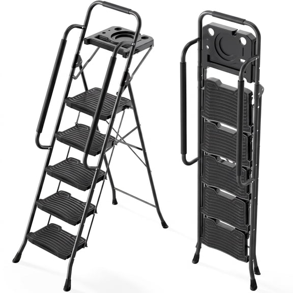 Nextay 5 Step Foldable Step Stool, Anti-Slip Plastic Pedal Step Ladder with Handrail,Heavy Duty Stool for Kitchen Garage Home, Black