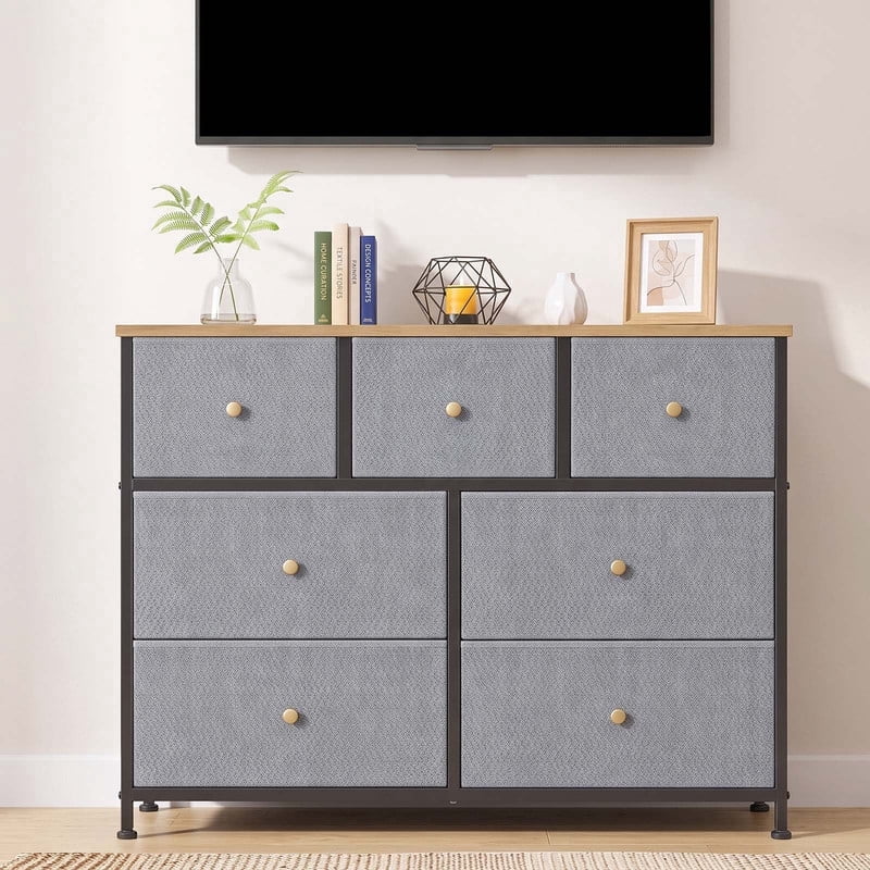 Nextay 7 Drawer Dresser TV Stand, Dresser with Metal Frame and Wood Top, Chest of Drawers for Bedroom, Living Room,Blue Gray