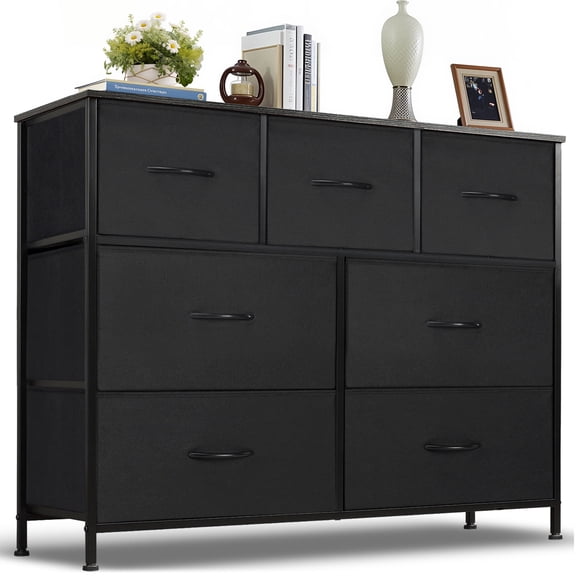 Nextay 7-Drawer Fabric Dresser TV Stand for 45" TV, Storage Dresser Closet with Steel Frame & Wooden Top for Living Room, Dressing Room, Entryway, Black