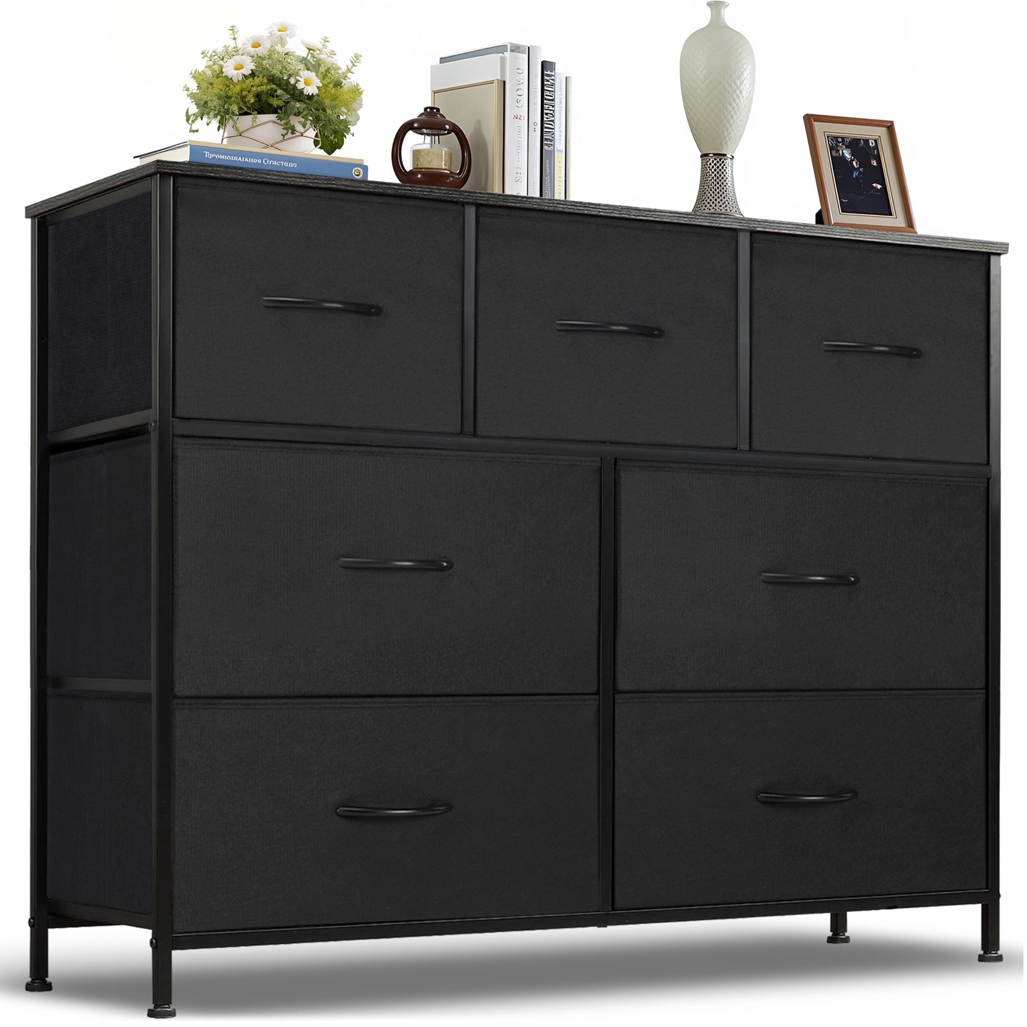 Nextay 7-Drawer Fabric Dresser TV Stand for 45" TV, Storage Dresser Closet with Steel Frame & Wooden Top for Living Room, Dressing Room, Entryway, Black