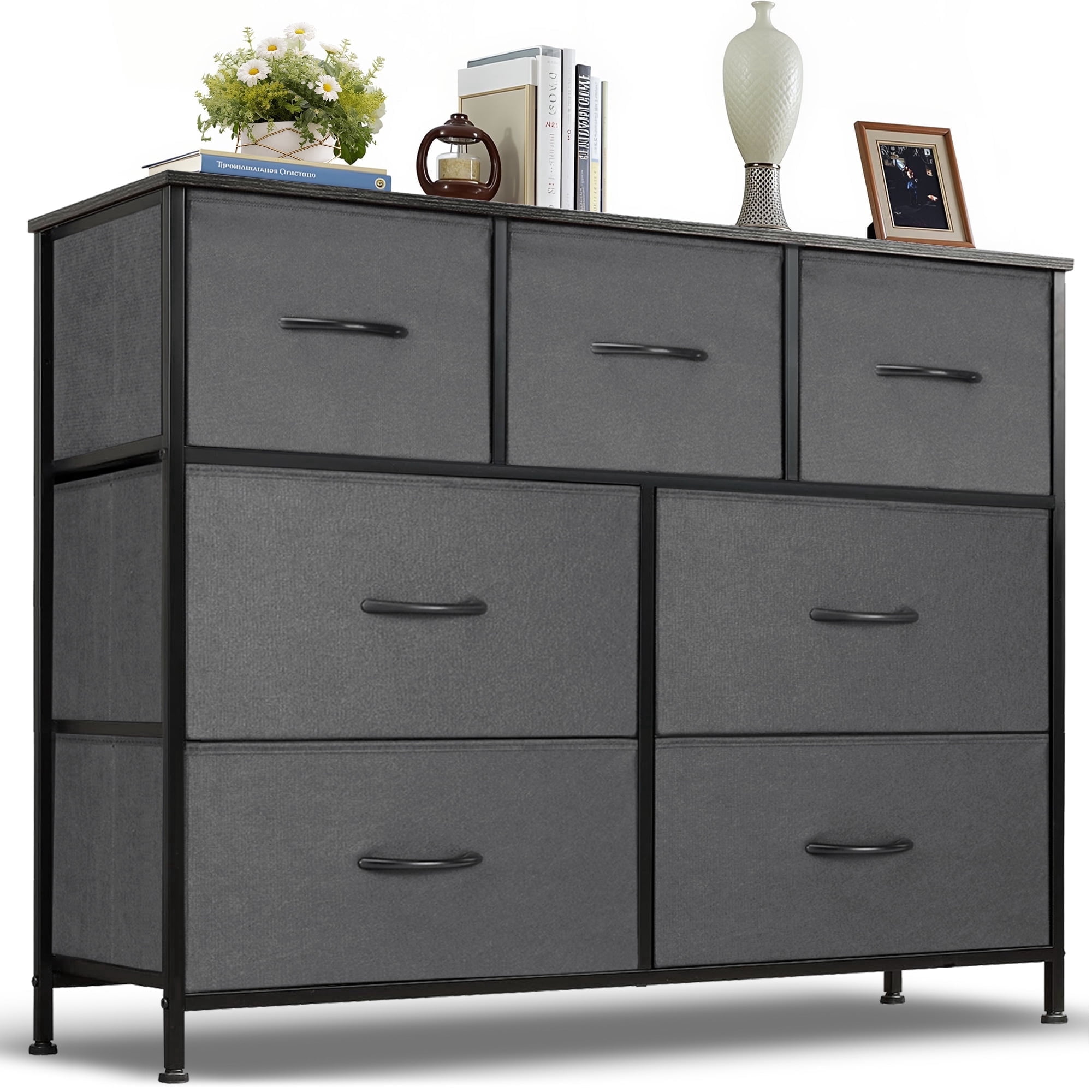 Nextay 7-Drawer Fabric Dresser TV Stand for 45" TV, Storage Dresser Closet with Steel Frame & Wooden Top for Living Room, Dressing Room, Entryway, Grey