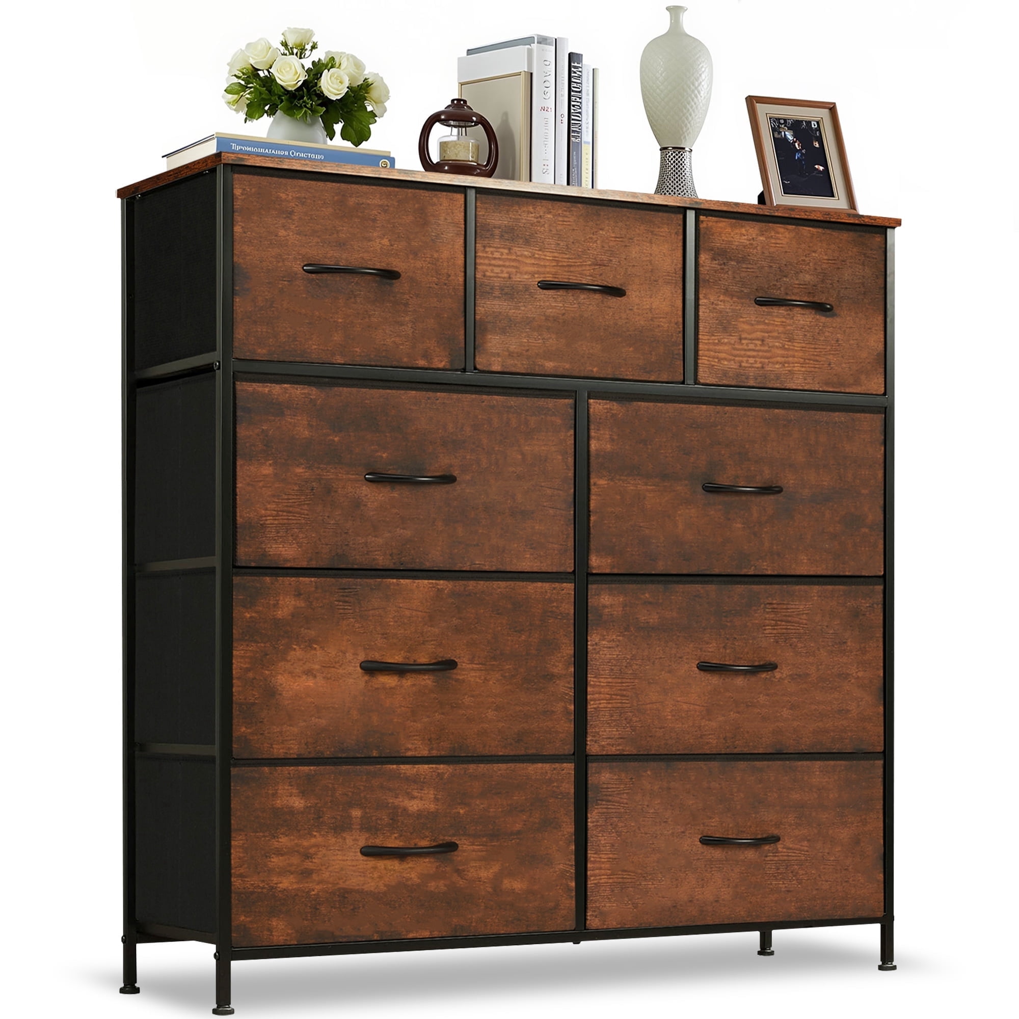 Nextay 9-Drawer Fabric Dresser for Bedroom, Storage Dresser Closet with Steel Frame & Wooden Top for Living Room, Dressing Room, Entryway, Brown