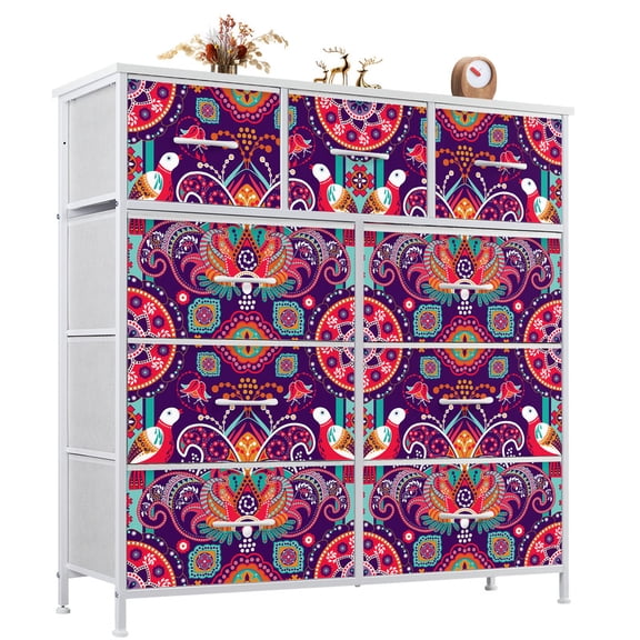 Nextay 9 Drawer Dresser, Wide Chest Of Drawers Nightstand Storage Tower Storage Dresser Fabric Dresser With Wood Top for Living Room, Bedroom, Dark Purple