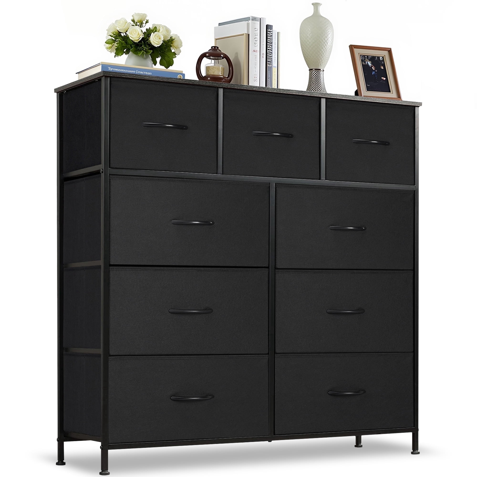 Nextay 9-Drawer Fabric Dresser for Bedroom, Storage Dresser Closet with Steel Frame & Wooden Top for Living Room, Dressing Room, Entryway, Black