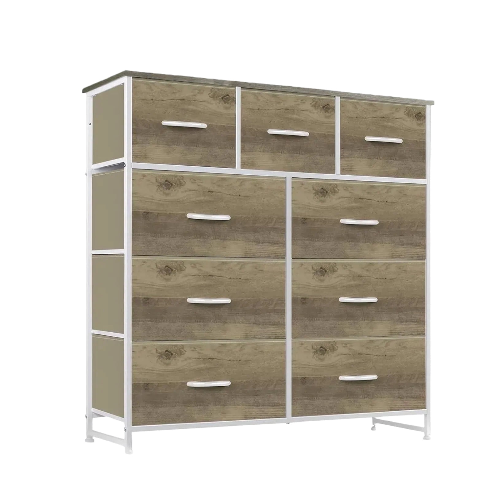Nextay 9-Drawer Fabric Dresser for Bedroom, Storage Dresser Closet with Steel Frame & Wooden Top for Living Room, Dressing Room, Entryway, Greige Oak