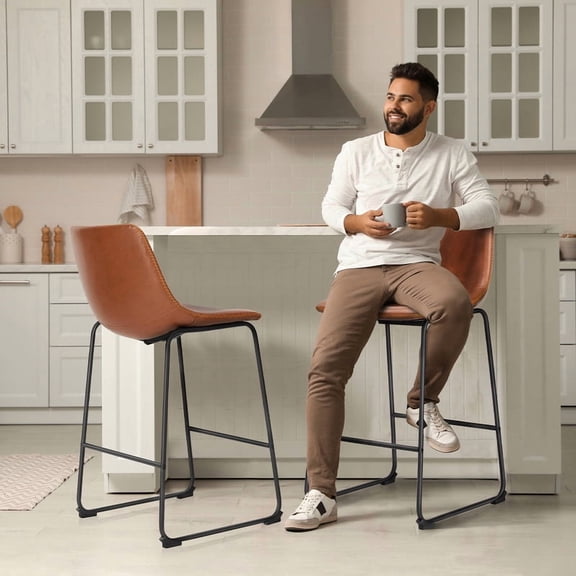 Nextay Counter Height Bar Stools Set of 2 – 30" Faux Leather Barstools with High Back & Metal Legs, Brown Kitchen Island Stools for Home, Café & Pub