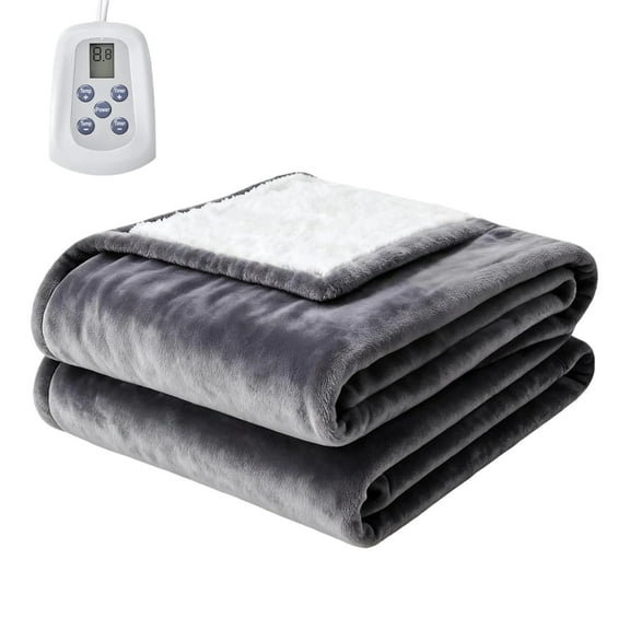 Nextay Electric Heated Blanket, Soft Sherpa & Flannel Throw Blanket with 10 Heating Levels, 12 Time Settings, Auto-off and ETL Certified, Twin Size, Grey