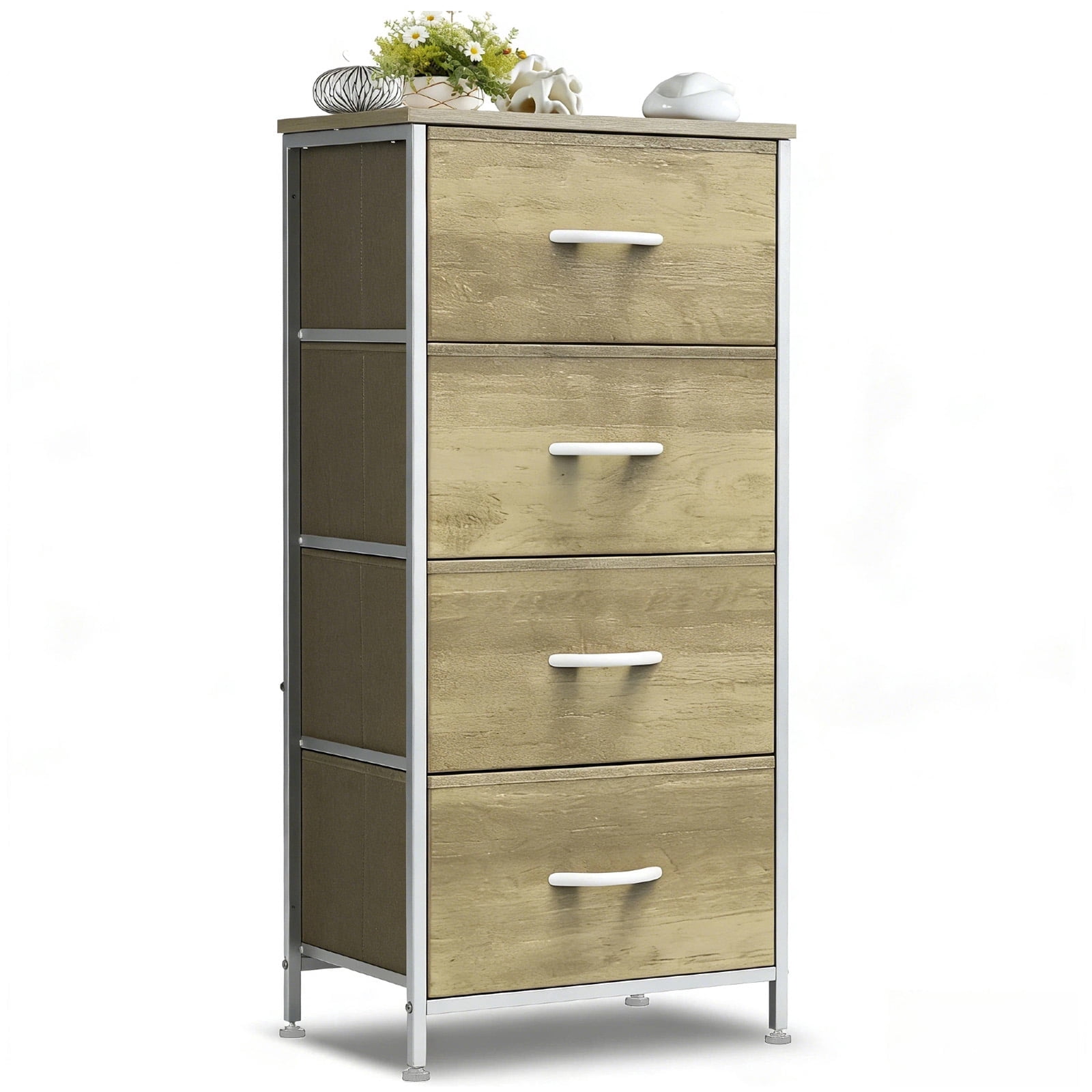 Nextay 4-Drawer Fabric Dresser for Bedroom, Storage Dresser Closet with Steel Frame & Wooden Top for Living Room, Dressing Room, Entryway, Greige Oak