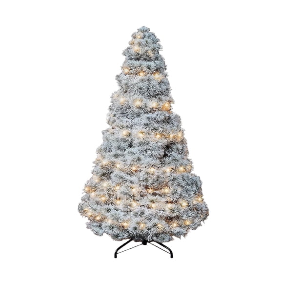 Nextay Snow Flocked Pencil Christmas Tree, 6FT Pre-Lit Slim Tree with 250 Warm Lights, Hinged Design & Metal Stand for Home, Office, Party Decor