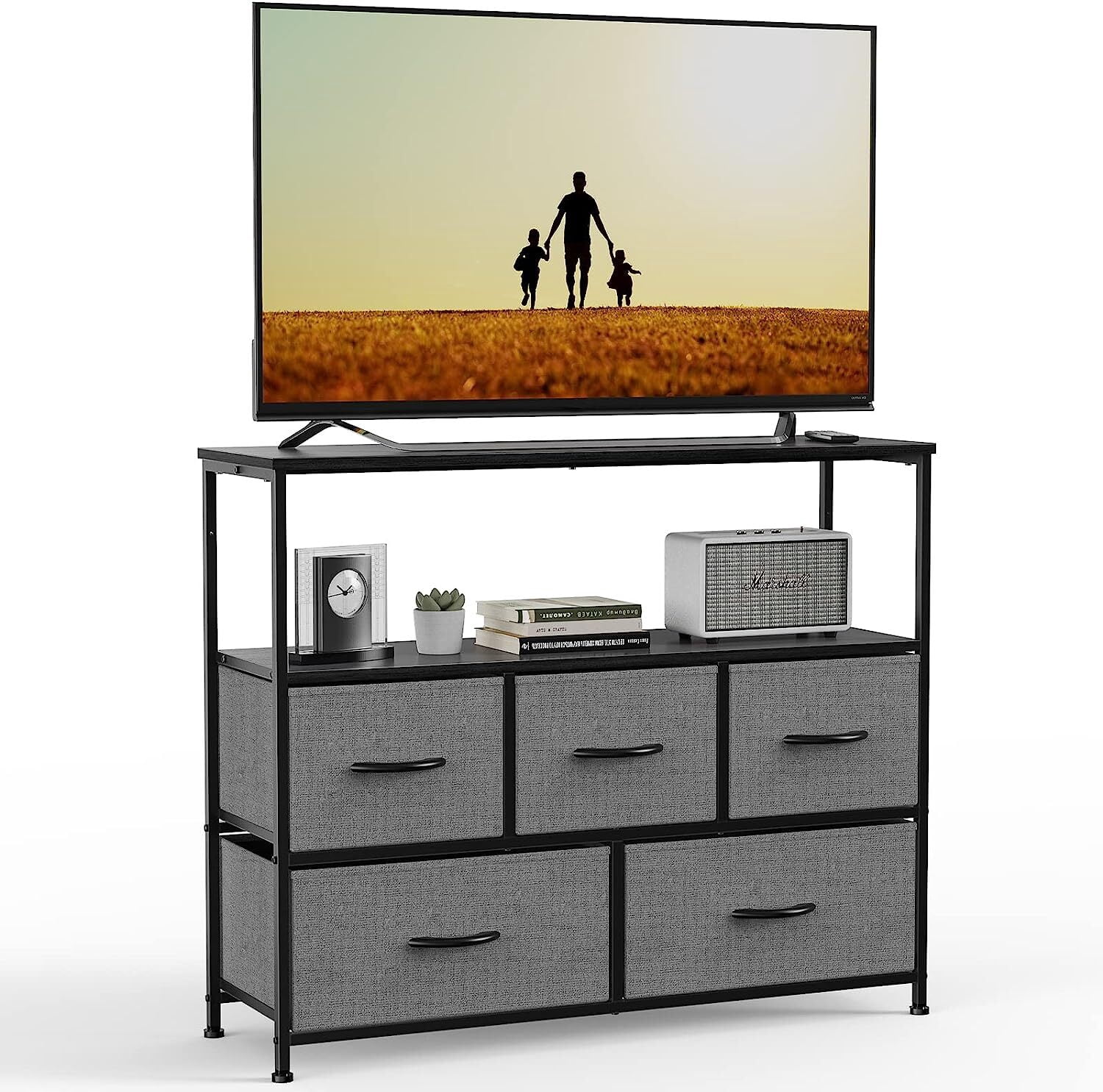 Nextay TV Stand Dresser with 5 Fabric Drawers, Small Media Console with Open Shelf for 45-Inch TV, Storage Organizer for Bedroom, Dorm, or Living Room