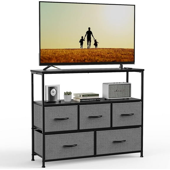 Nextay TV Stand Dresser with 5 Fabric Drawers, Small Media Console with Open Shelf for 45-Inch TV, Storage Organizer for Bedroom, Dorm, or Living Room