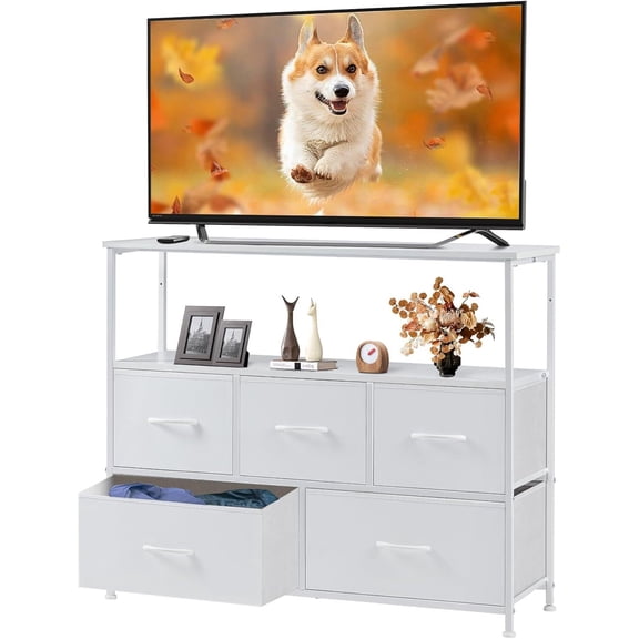 Nextay TV Stand Dresser with 5 Fabric Drawers, Small Media Console with Open Shelf for 45-Inch TV, Storage Organizer for Bedroom, Dorm, or Living Room