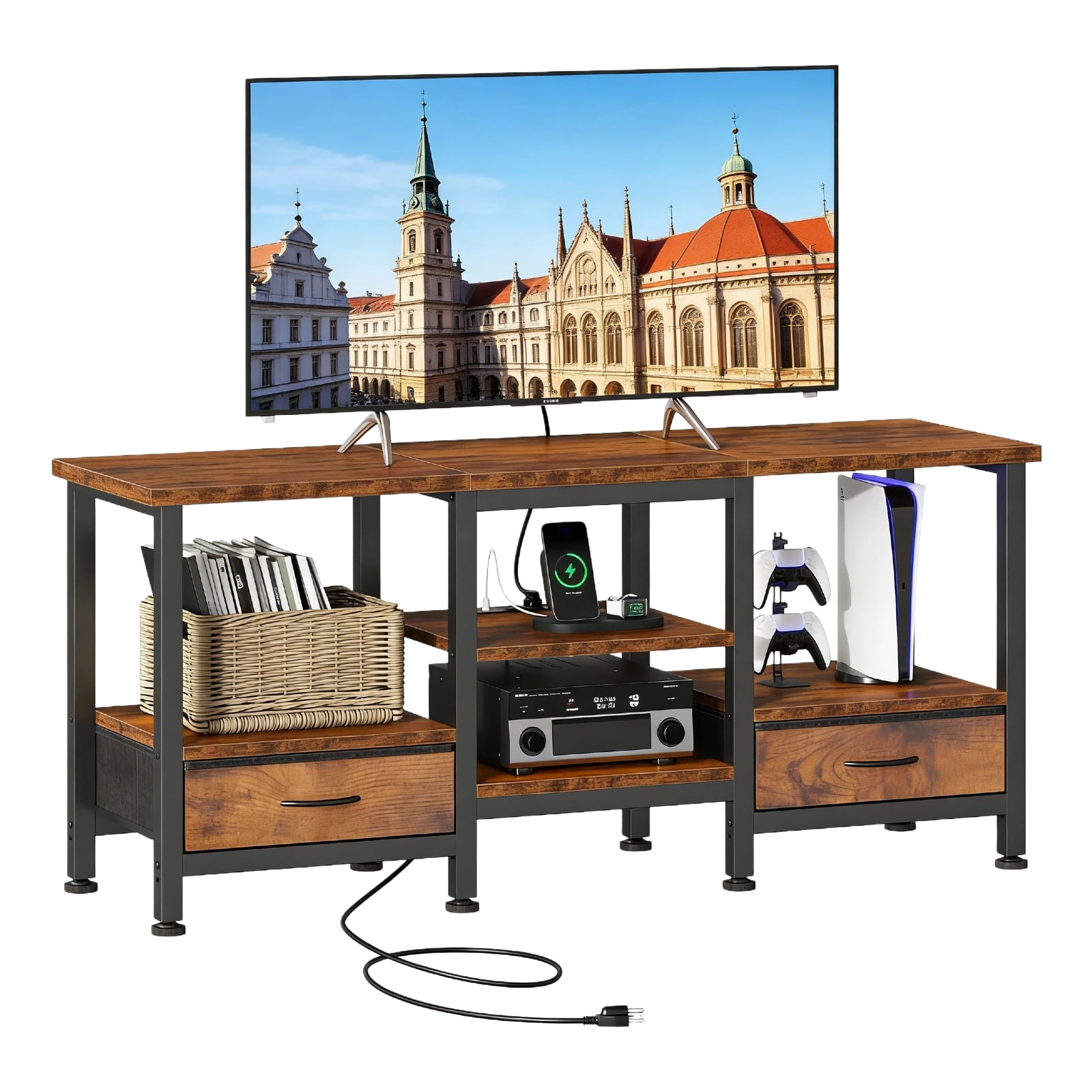 Nextay TV Stand for TVs up to 65 Inch, 47 Inch Media Console Entertainment Center Stand with 2 AC Outlets & Type-C for Living Room, Rustic Brown
