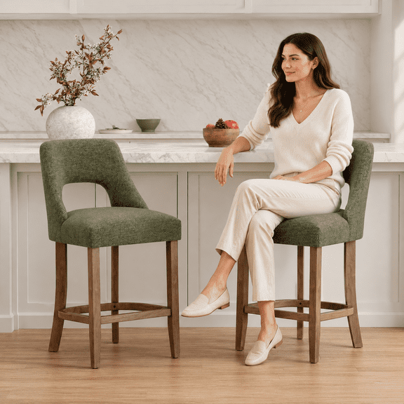 Nexthro Bar Stools Set of 2, 26" Upholstered Counter Height Bar Stools, Modern Counter Stools with Wood Legs for Kitchen Island Dining Room Bar,Green