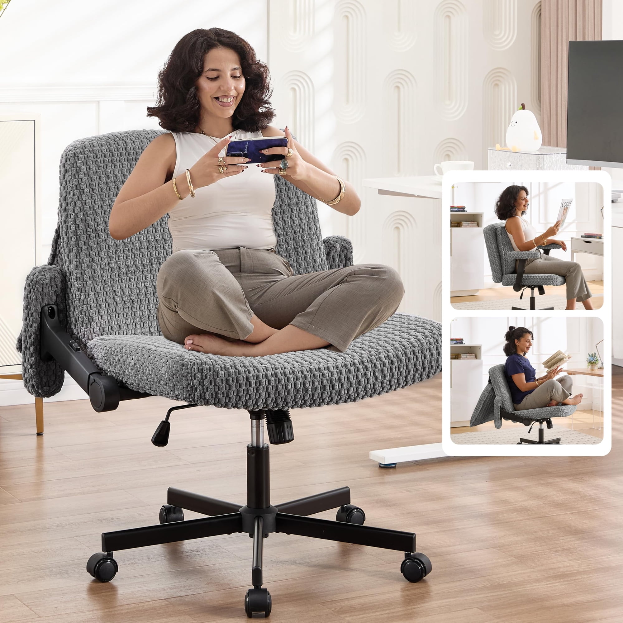 Nexthro Criss Cross Chair,Cross Legged Chair with Wheels and Arms,27" Wide Seat Office Desk Chair with Flipable Back Cushion,Mid Back Beige Swivel Chair (BEIGE)