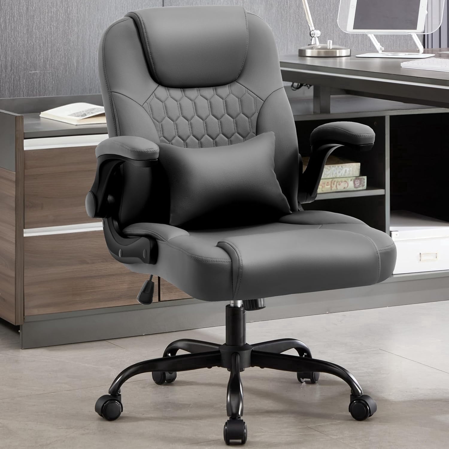 Nexthro Executive Office Chair PU,Leather Office Chair with Wheels,360° Swivel Rolling Chair with Padded Arms,Ergonomic Computer Chair with Lumbar Support for Short People Use(Gray)