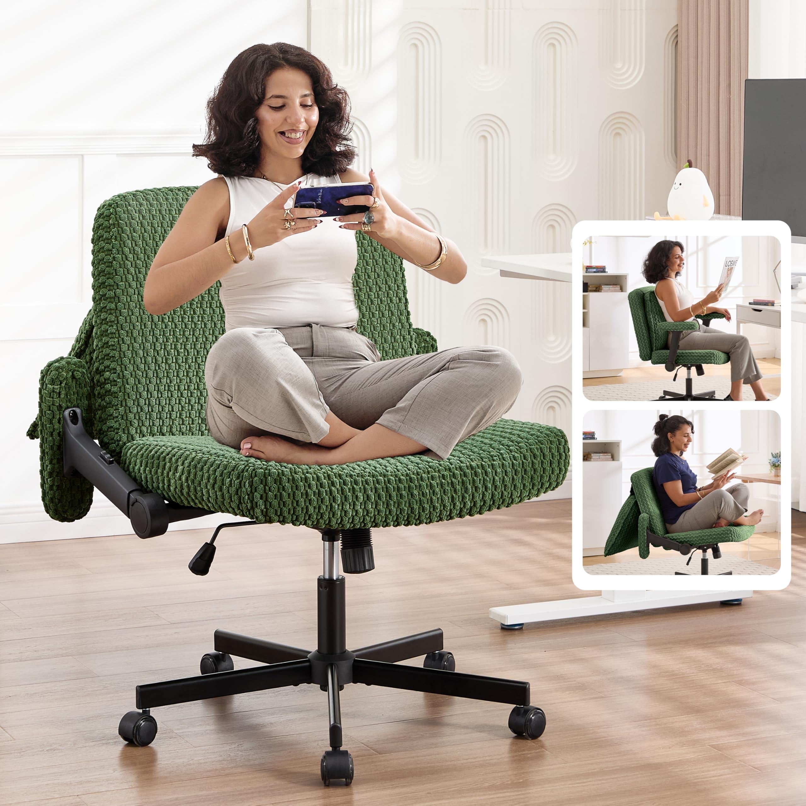 Nexthro Criss Cross Chair,Cross Legged Chair with Wheels and Arms,27" Wide Seat Office Desk Chair with Flipable Back Cushion,Mid Back Beige Swivel Chair for Home Office,Bedroom Vanity(Green)