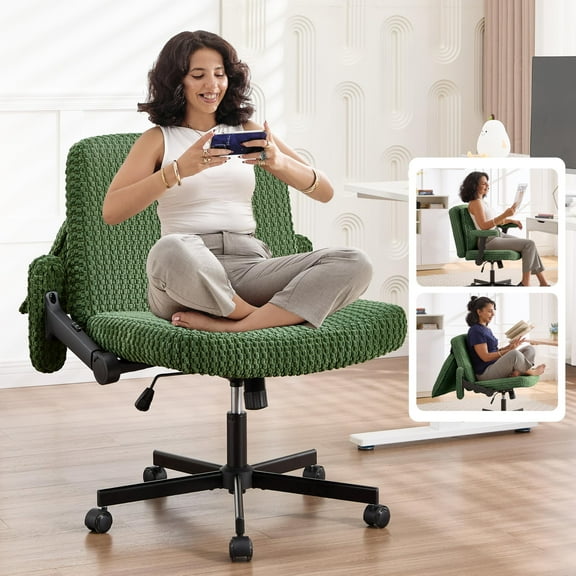 Nexthro Criss Cross Chair,Cross Legged Chair with Wheels and Arms,27" Wide Seat Office Desk Chair with Flipable Back Cushion,Mid Back Beige Swivel Chair for Home Office,Bedroom Vanity(Green)