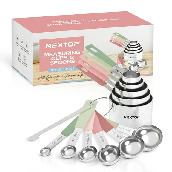 Nextop 14-Piece Stainless Steel Measuring Cups and Spoons Set with 1/8 Teaspoon, 1/8 Cup, and Leveler for Dry Ingredients, Complete Set for Kitchen & Baking Measuring Tools