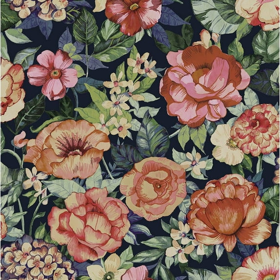 Nextwall Coral Rose & Dark Blue Watercolor Floral Garden Peel And Stick Wallpaper - 20.5 ft. W x 18 ft. L Roll