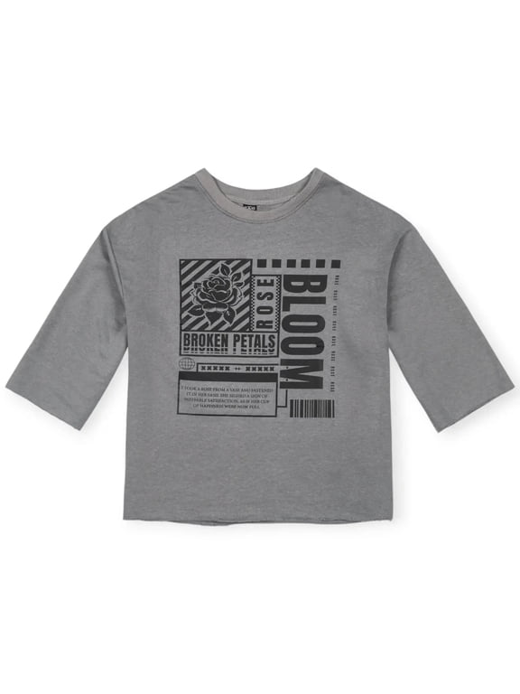 Men Broken Petals Bloom French Terry Drop Shoulder Cropped Boxy Tee (Charcoal)