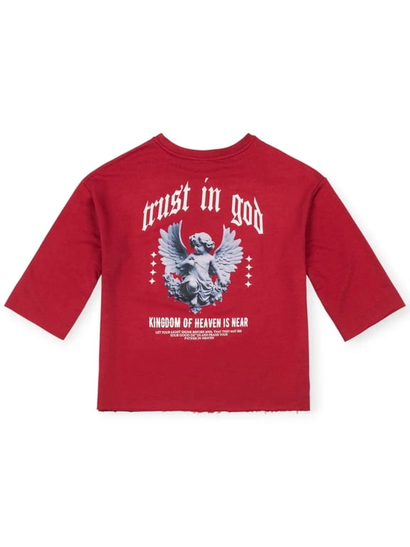 Men Trust In God French Terry Drop Shoulder Cropped Boxy Tee (Burgundy)