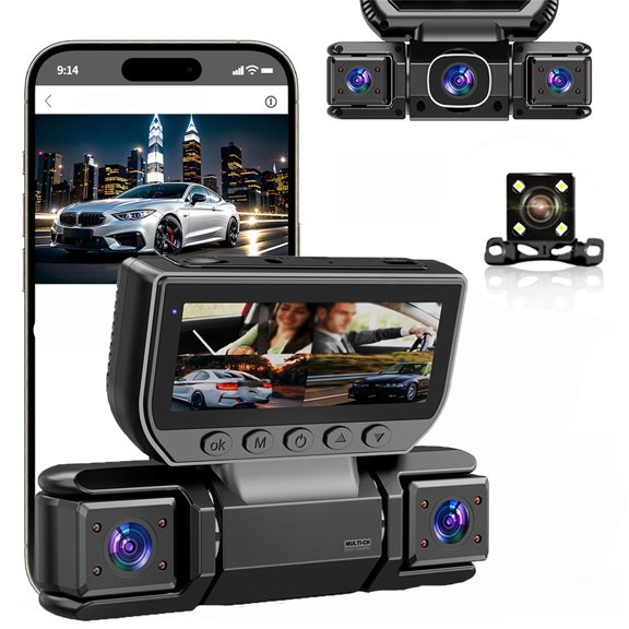 Nexvo Quadguard 360 Pro Dash Cam, 360 Car DVR WiFi 4 Channel Dash Cam Video Recorder, Front Rear and Inside with 5ghz WiFi & App Control