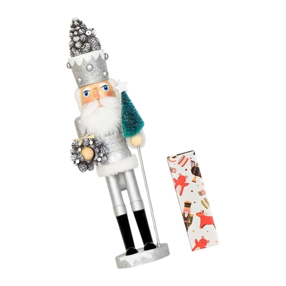 Nexvoroi Christmas Nutcracker Figurine Christmas Tree 42cm Silver Wooden Decor for Holiday Table Setting
