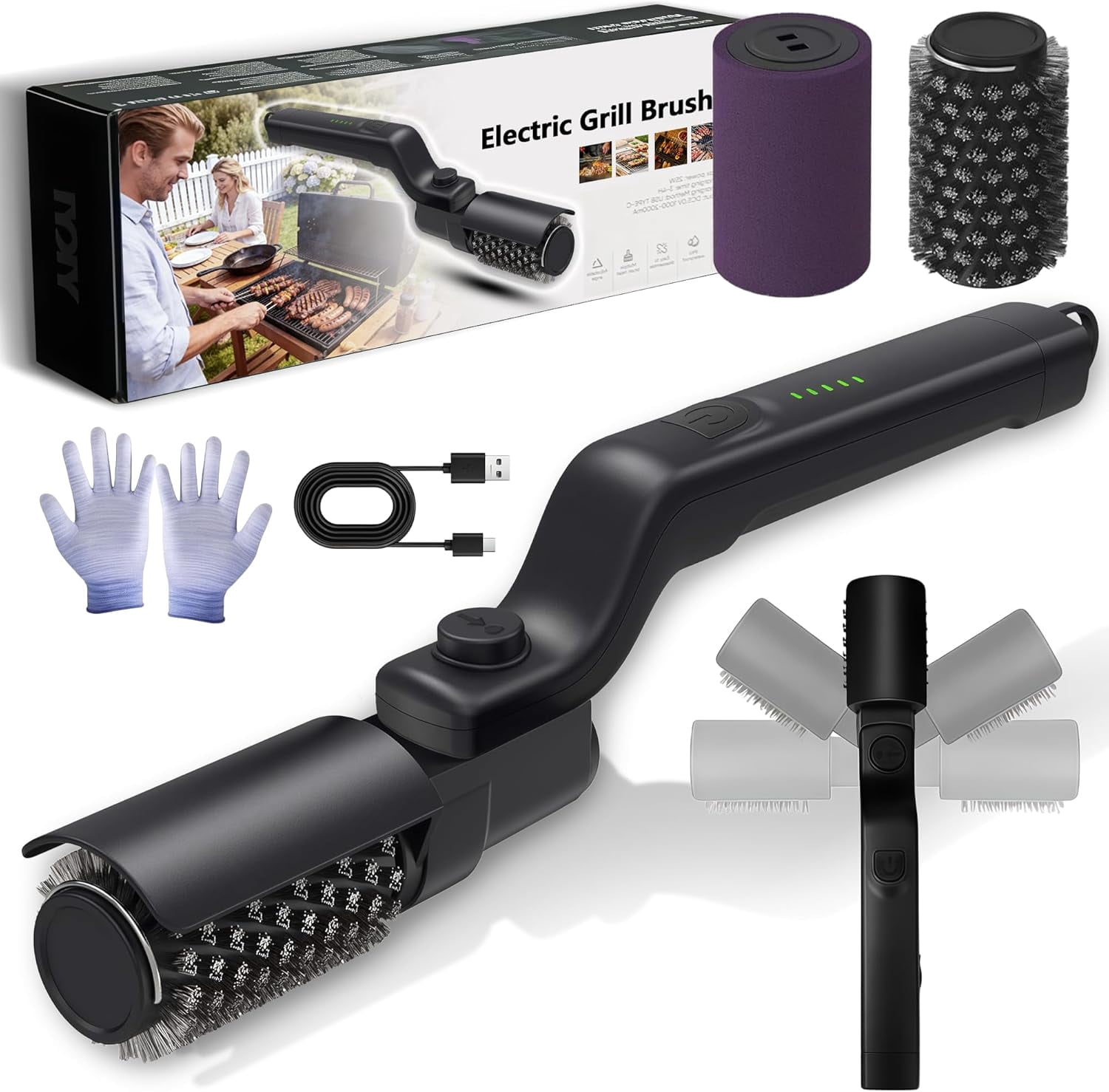 Nexxsense Grill Cleaner, Electric Grill Cleaner for Outdoor Grill Power Grill Brush for Outdoor Grill, 7-Angle Adjustable Head, 3-Speed Control, 304 Stainless Steel, Rechargeable, Heat-Resistant