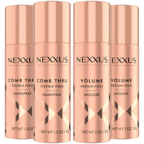 Nexxus Travel Hairspray and Mousse Bundle – Comb Thru Flexible Hold Hairspray (1.5 Oz) 2-Pack + Volume Medium Hold Mousse (2 Oz) 2-Pack, Anti-Humidity, Frizz Control, Rose Fragrance