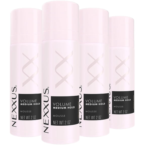 Nexxus Travel Mousse, Volume Medium Hold 4-Pack ā 72-Hour Anti-Humidity Shield, 48-Hour Frizz Control, Rose Fragrance, 2 Oz Ea