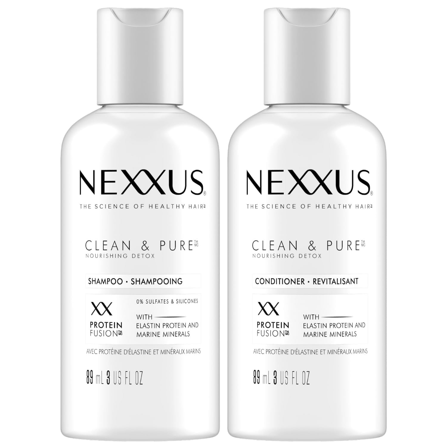 Nexxus Travel Shampoo and Conditioner, Clean & Pure Hair Products with Elastin Protein and Marine Minerals, Sulfate-Free, 3 Oz Ea