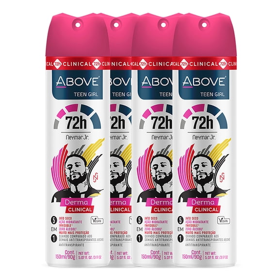 ABOVE Neymar Jr Teen Girl - 72 Hours Derma Clinical Antiperspirant Deodorant Spray - Notes of Red Fruits, Vanilla, and Fig Leaves - Moisturizing Action - Protects Underarms - 4 pc Set