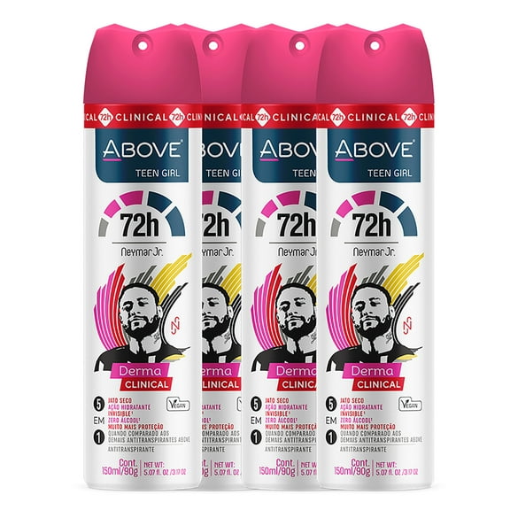 ABOVE Neymar Jr Teen Girl - 72 Hours Derma Clinical Antiperspirant Deodorant Spray - Notes of Red Fruits, Vanilla, and Fig Leaves - Moisturizing Action - Protects Underarms - 4 pc Set
