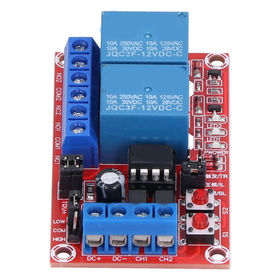 Neyseki Relay Module 2 Channel Button Self Locking Interlock High Low Level Trigger with Switch Light