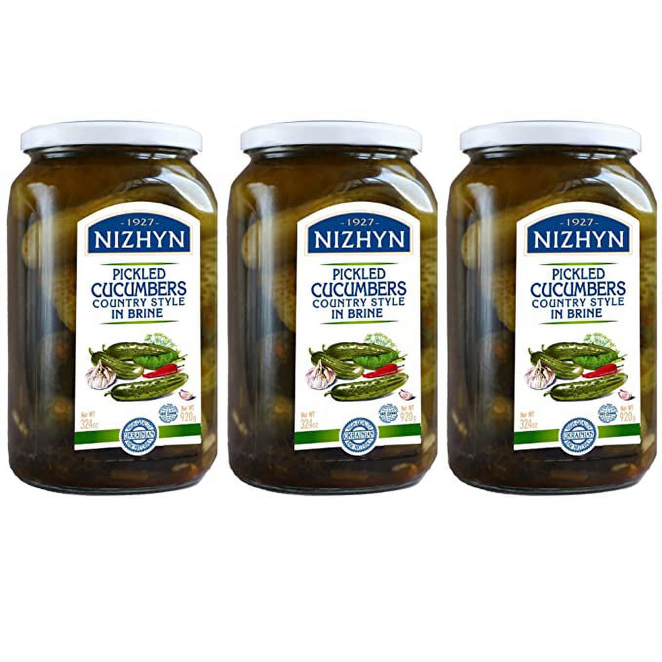 Nezhin Pickled Cucumbers Country Style In Brine Raw Materials GMO Free Glass Jar 32.4 OZ / 920