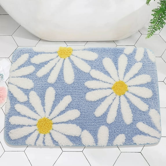 23.6x15.7in Bathroom Rug Cute Daisy Bath Mat White and Yellow Flower Decor Rugs Non Slip Floor Carpet Microfiber Bathmat Super Absorbent Machine Washable Bathtub Mats for Shower-Blue