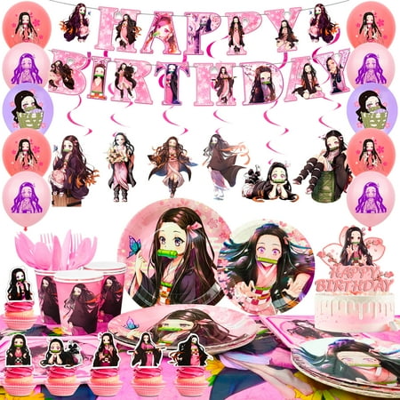 Nezuko Birthday Party Decorations,117 Pcs Nezuko Theme Birthday Party Supplies Include Nezuko Birthday Balloon Banner & Nezuko Party Plates Napkins Tablecloth etc Demon Anime Birthday Decorations