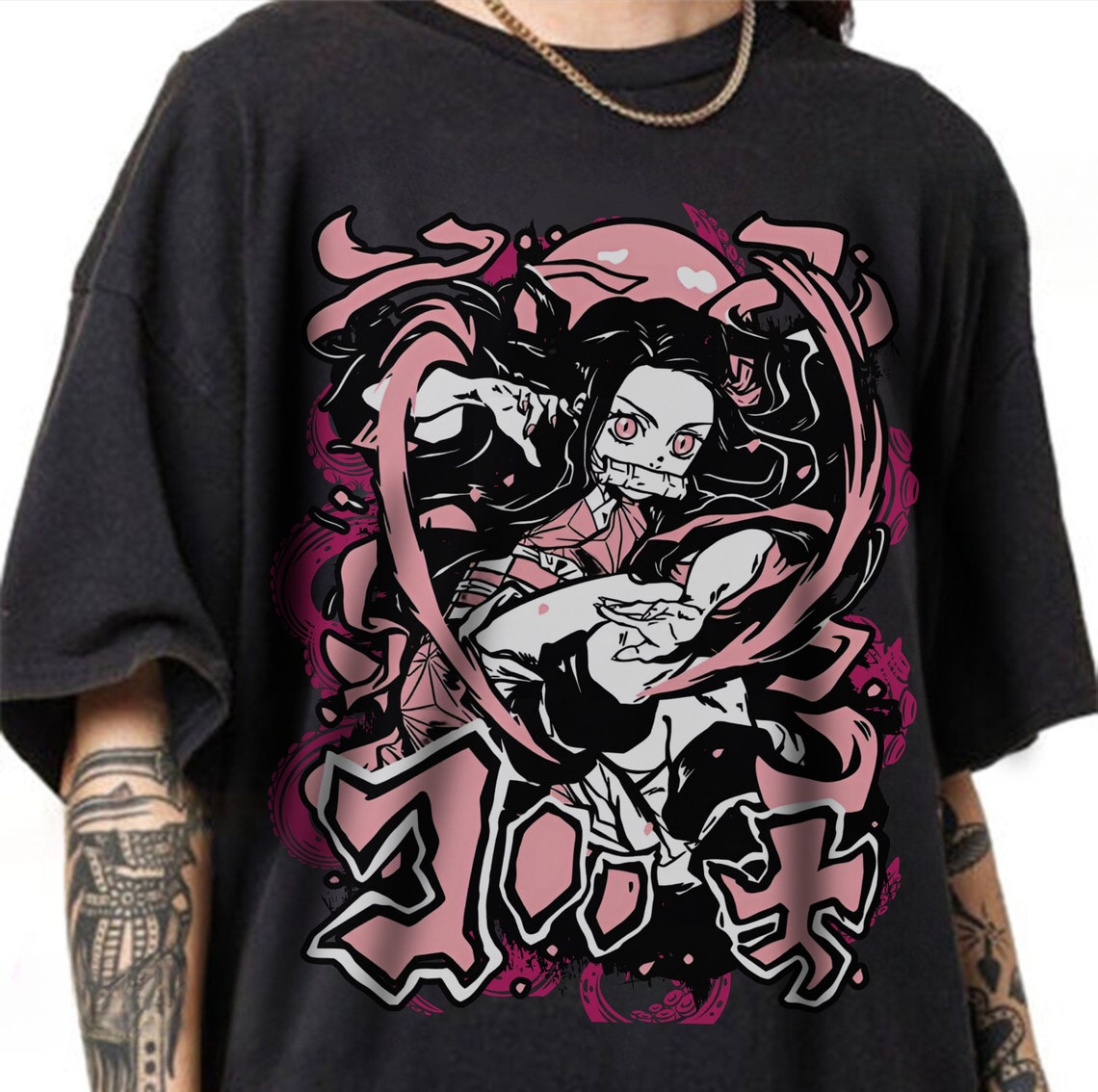 T-shirt Donna Style3 Con Stampa Nezuko Kamado, Demon Anime Japan Manga, 100% Cotone Premium, Girocollo, Vestibilità Aderente