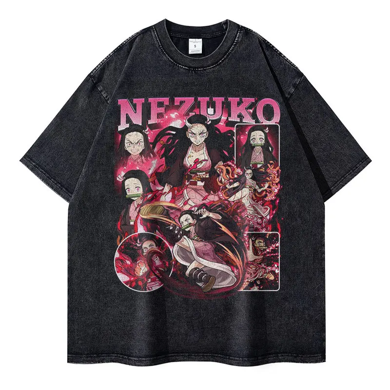 Nezuko T Shirts Vintage Washed Anime Kimetsu No Yaiba T-shirt Oversized ...