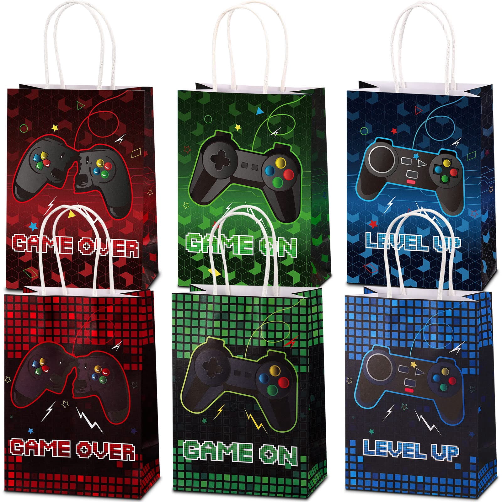 Video Game Theme Birthday Gift Bags - Blue Gamer Design With Card & Tissue, Party Favor Bags For Kids