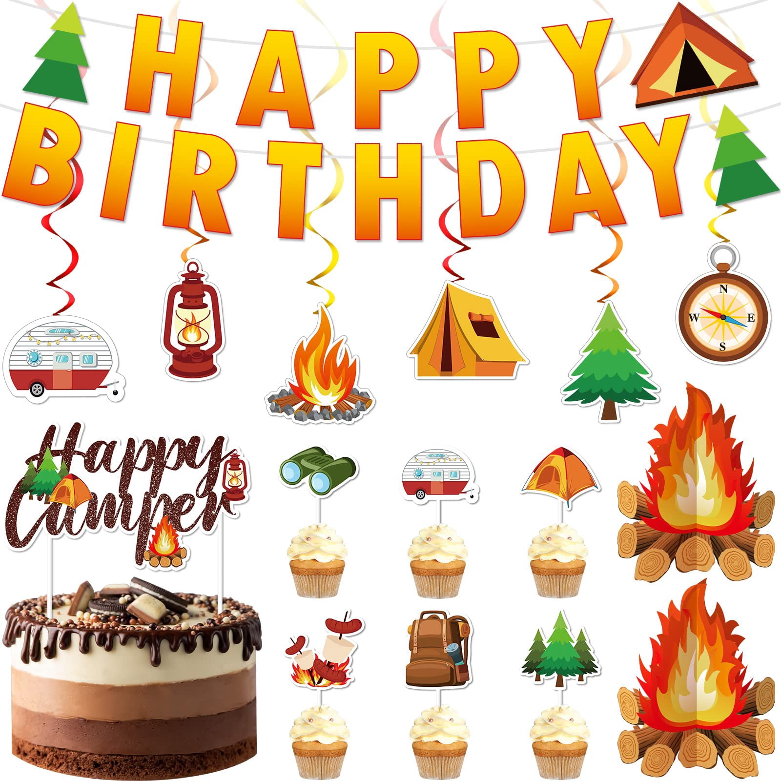 Pink Camping Birthday Party Decorations - Banner, Balloons, Cake Topper For Girls Happy Camper Theme