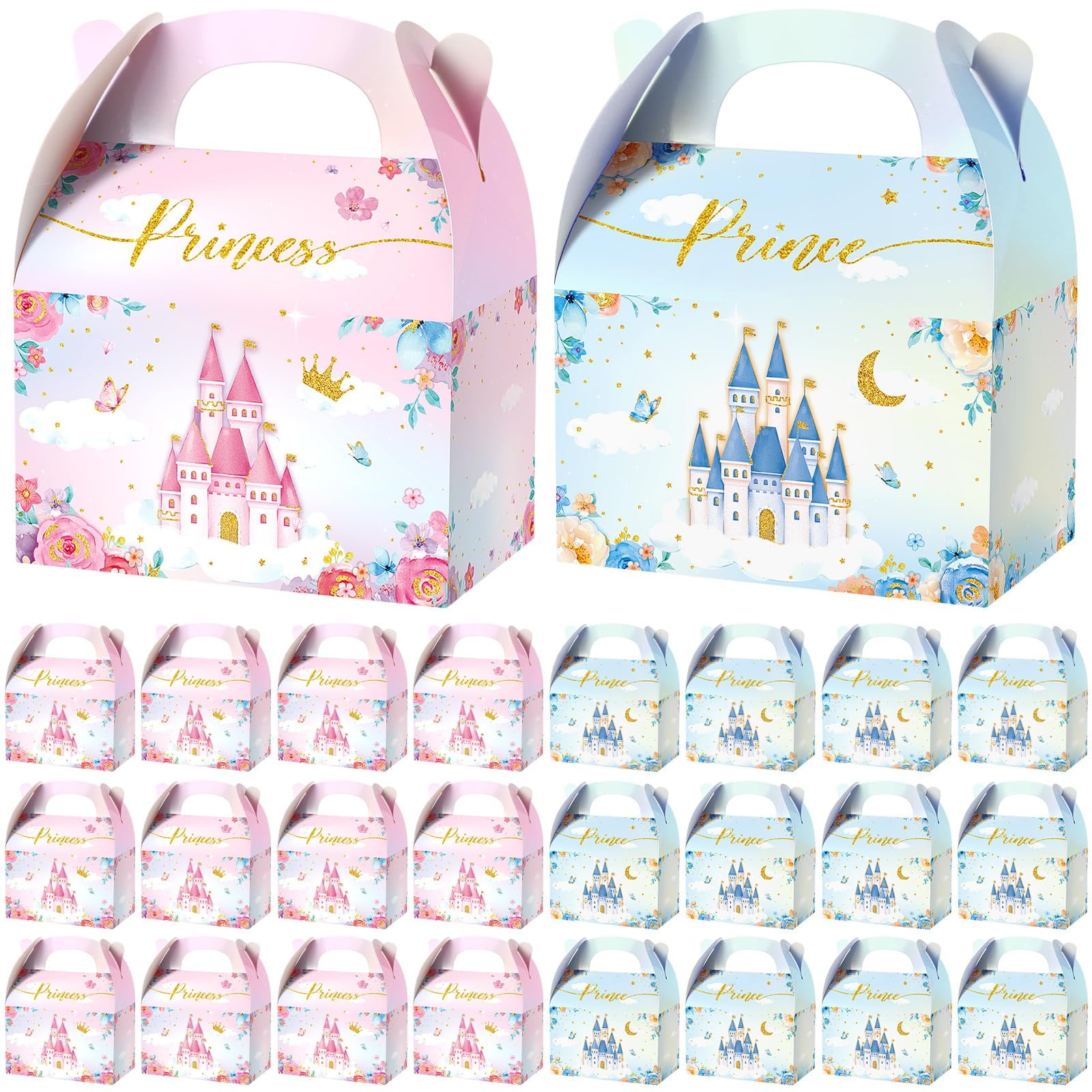 Nezyo 24 Pcs Princess & Prince Treat Boxes - Pink & Blue Crown Cardboard Goodie Boxes For Birthday Parties, Baby Showers